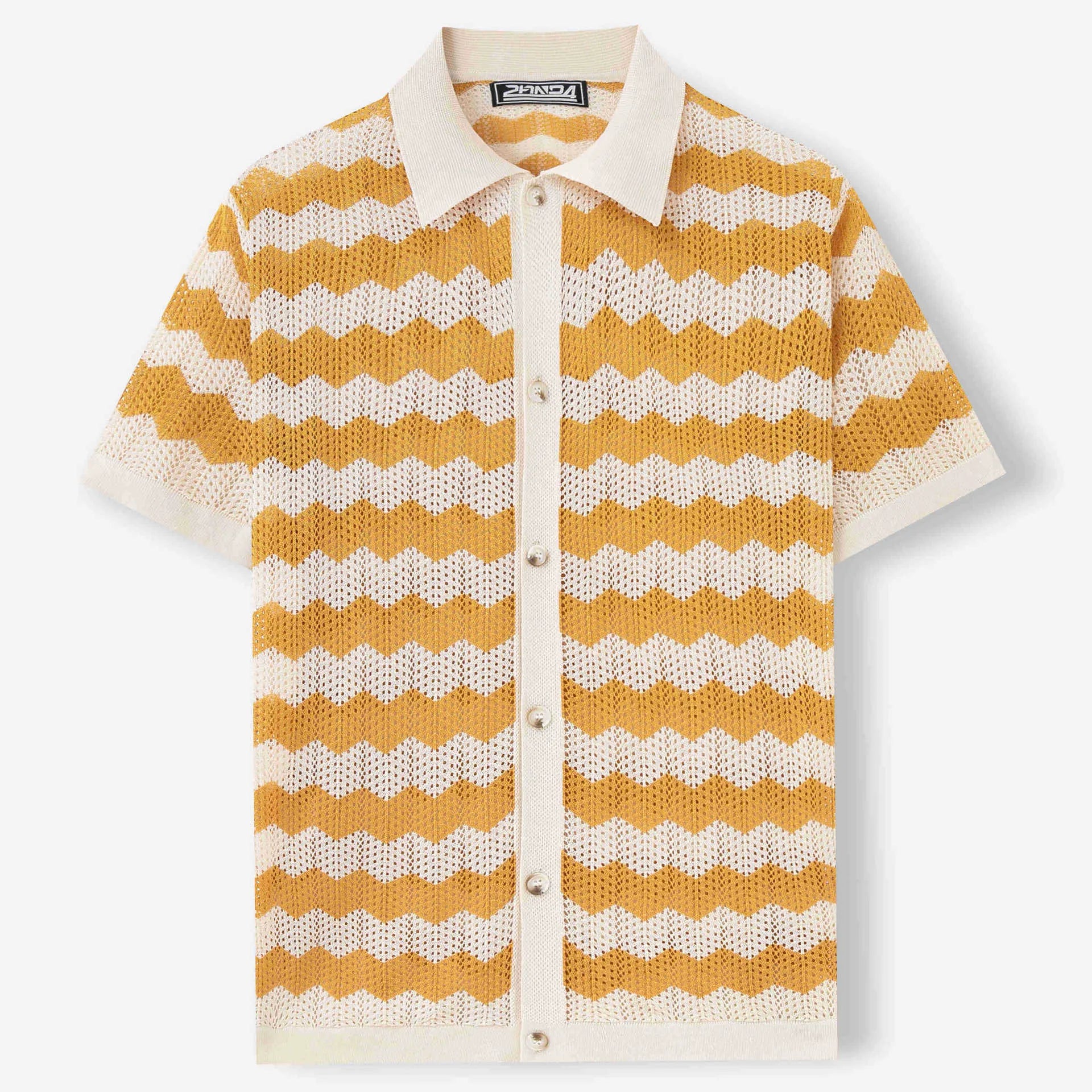 Yellow, blue, and brown short-sleeved sweater with a hollow jacquard corrugated texture.