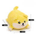 Plush calming dog toy with squeaker for chewing and anxiety relief, shown in large and medium sizes.