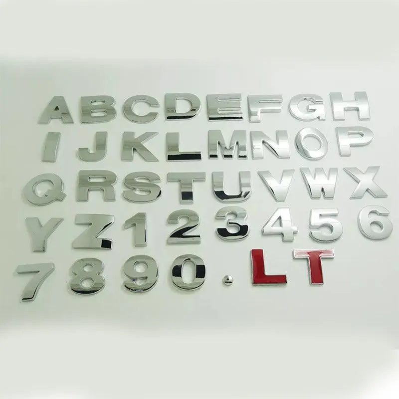 3D metal zinc alloy car bumper sticker showing raised letter A in silver finish, approximately 2.5cm in size.