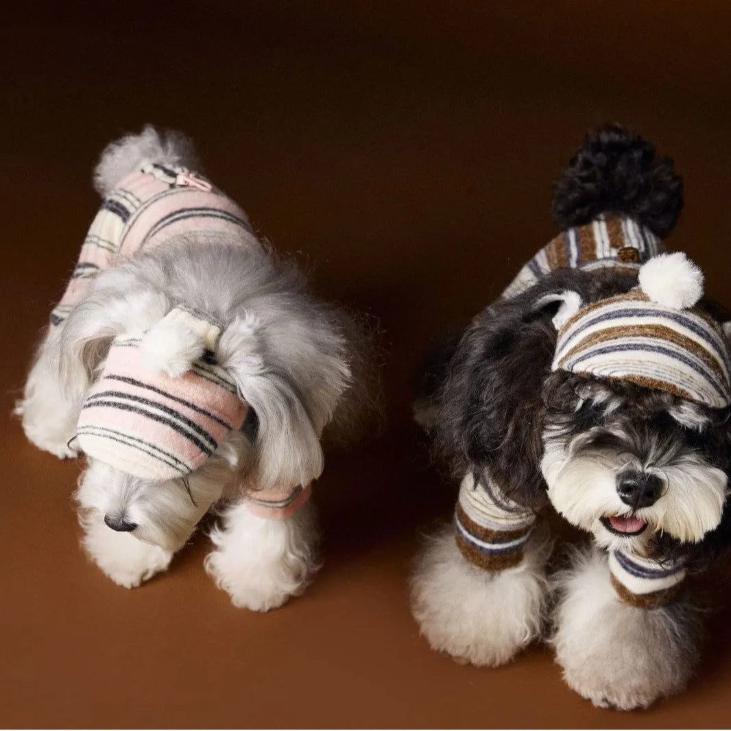 Striped fur ball pet hat for dogs in coffee colour, acrylic knit casual autumn accessory