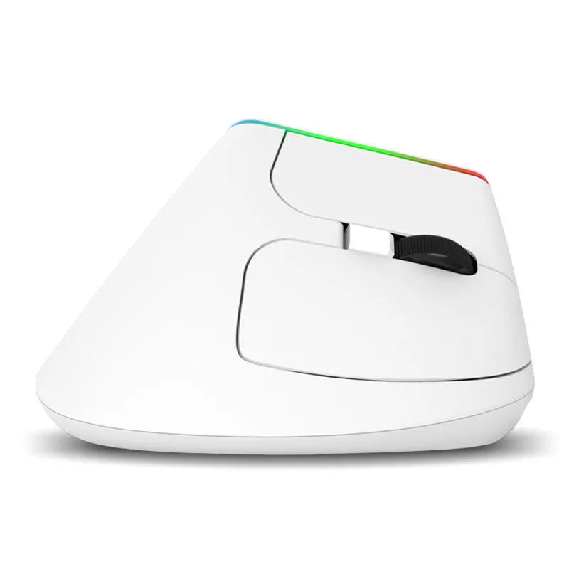 M618C black and white vertical ergonomic wireless mouse with RGB lighting and six buttons shown from the side.