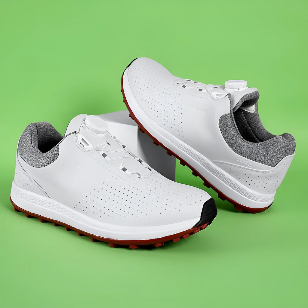 Men's white and black golf shoes with breathable design and non-slip sole for lawn courses