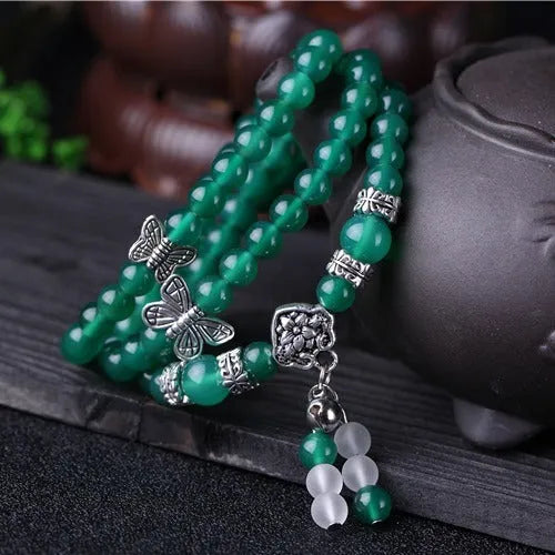 Green agate multi-layer bracelet with three circles of 6mm beads