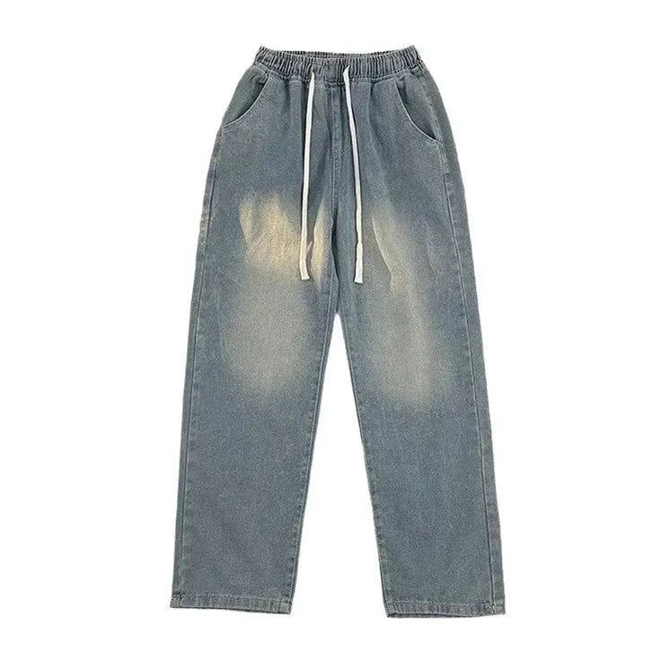 Blue straight-leg men's trousers with drawstring waist and cotton denim fabric