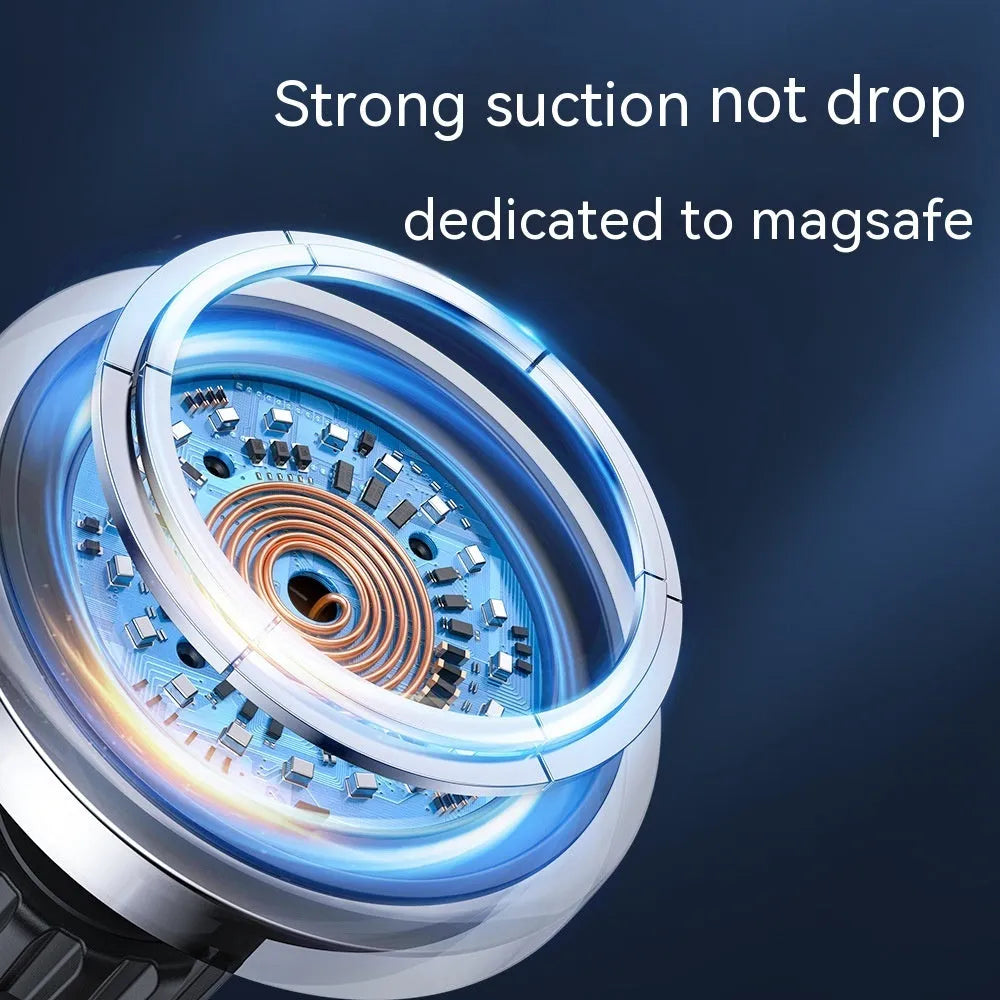 Black car air outlet wireless charging stand with magnetic phone mount showing 15W charging capability