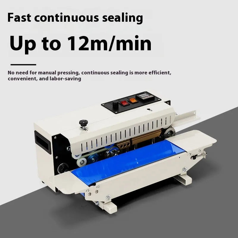 Compact manual steel sealing machine with a date print function on its sealing jaw.