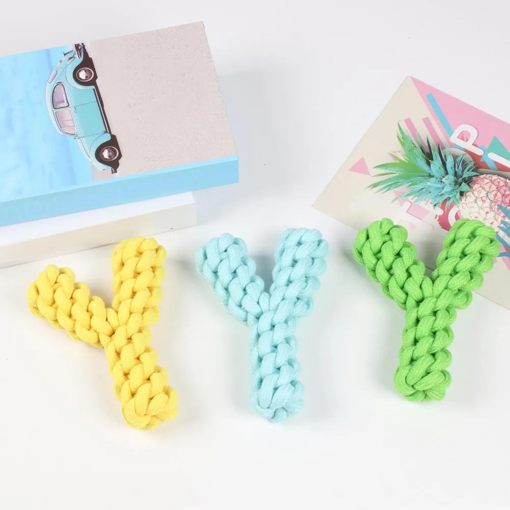 Y-shaped blue cotton rope dog chew toy for large dogs measuring 18cm length