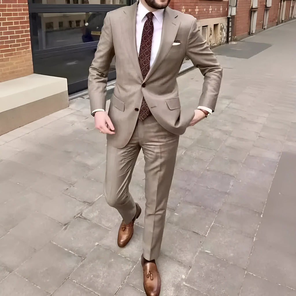Men's slim fit two-button suit jacket and trousers in light purple acetate fabric.