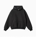 Men's grey terry cotton hooded sweater showing loose fit and drop-shoulder design