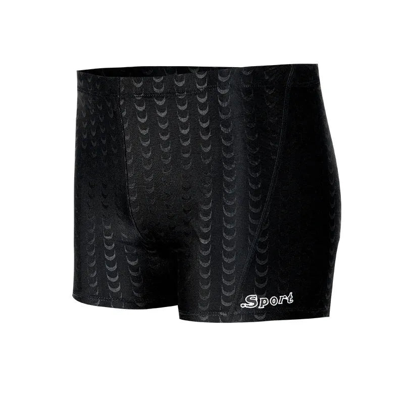 Men's solid colour polyester swimming trunks for beach surfing and swimming, shown in larger sizes.