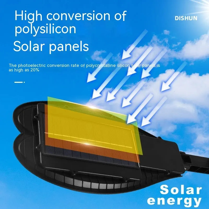 A white 6-eye sword-shaped solar garden lamp with remote control on a lawn.