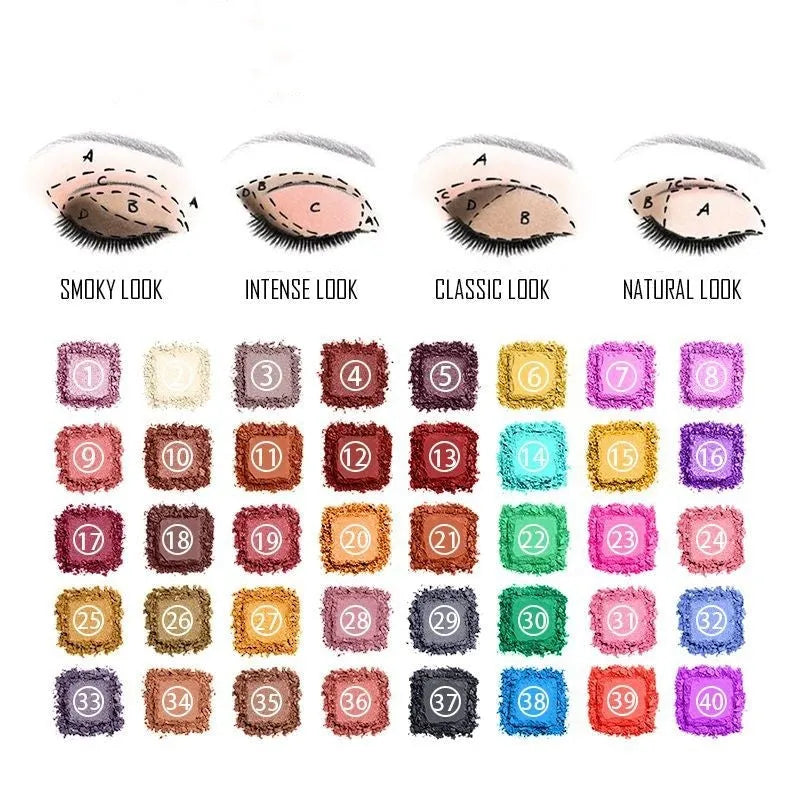 Shimmer matte multi-colour eye shadow palette with ten shades including purple, blue, black, sky blue, caramel, watermelon red, cameo brown, and peacock blue