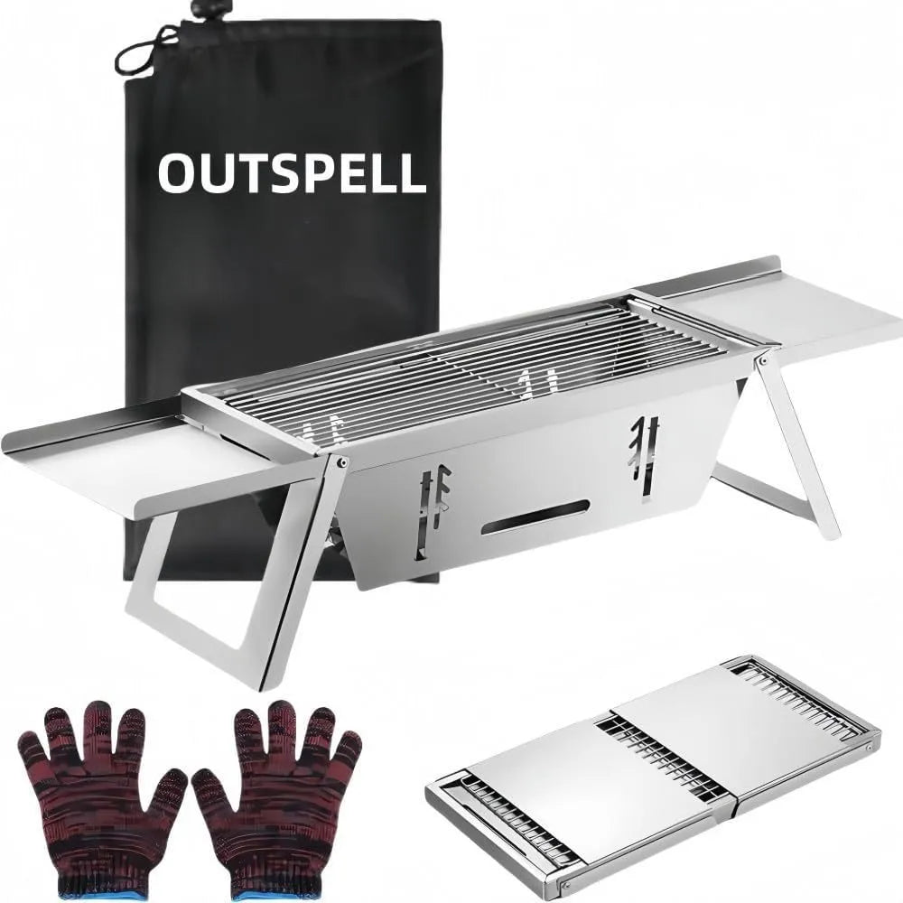 Small foldable portable steel charcoal grill for outdoor use.