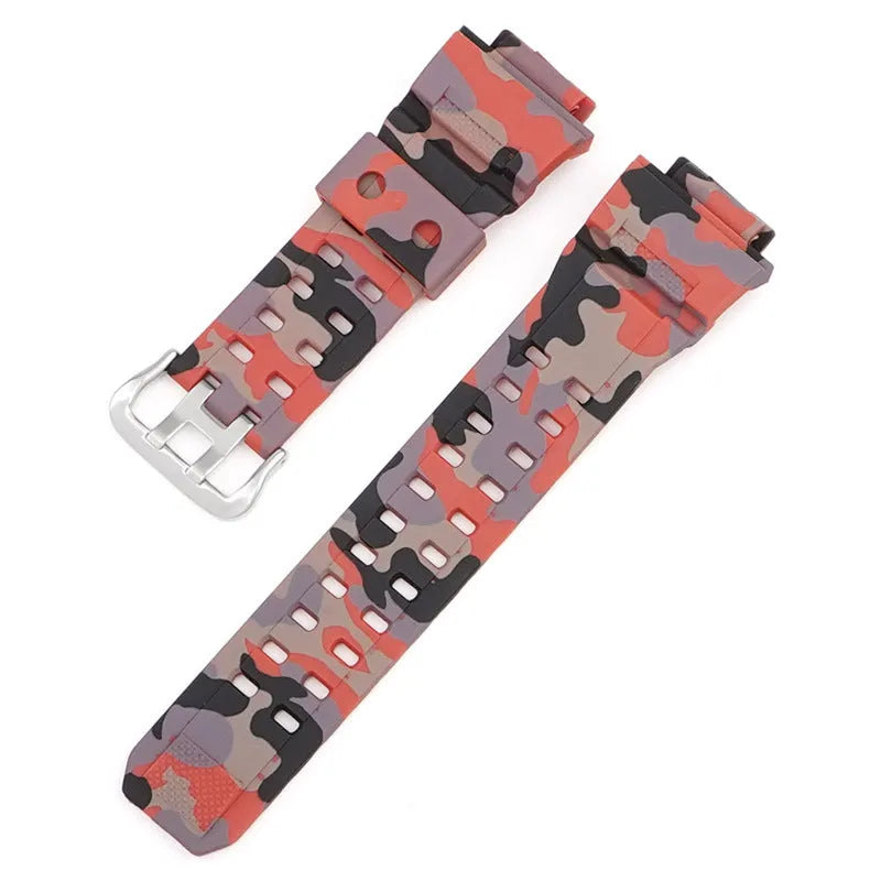 Camouflage TPU watchband with silver buckle, showing strap length and colour options