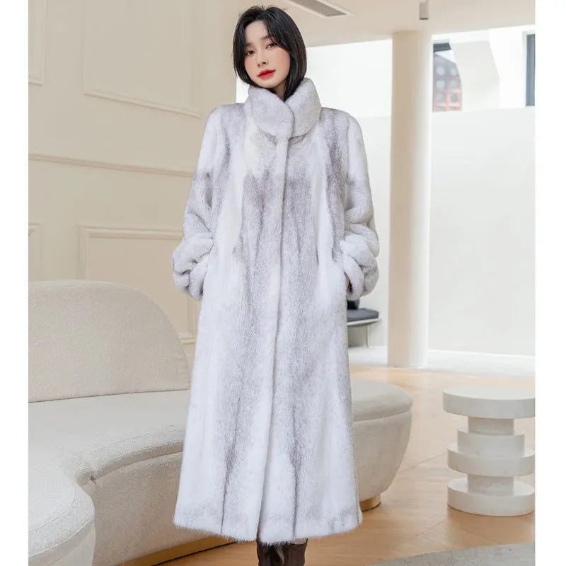 White women's artificial fur coat with stand-up collar, regular sleeves and 80cm length