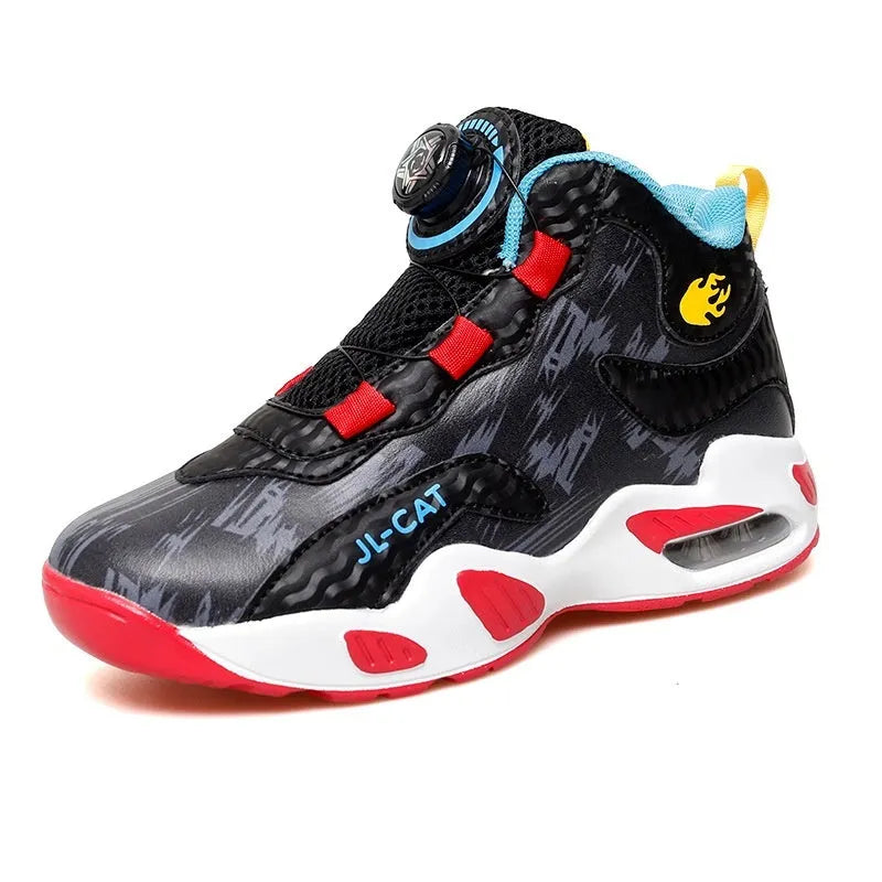 Children's rotating button basketball shoes in black synthetic leather with a white and blue accent.