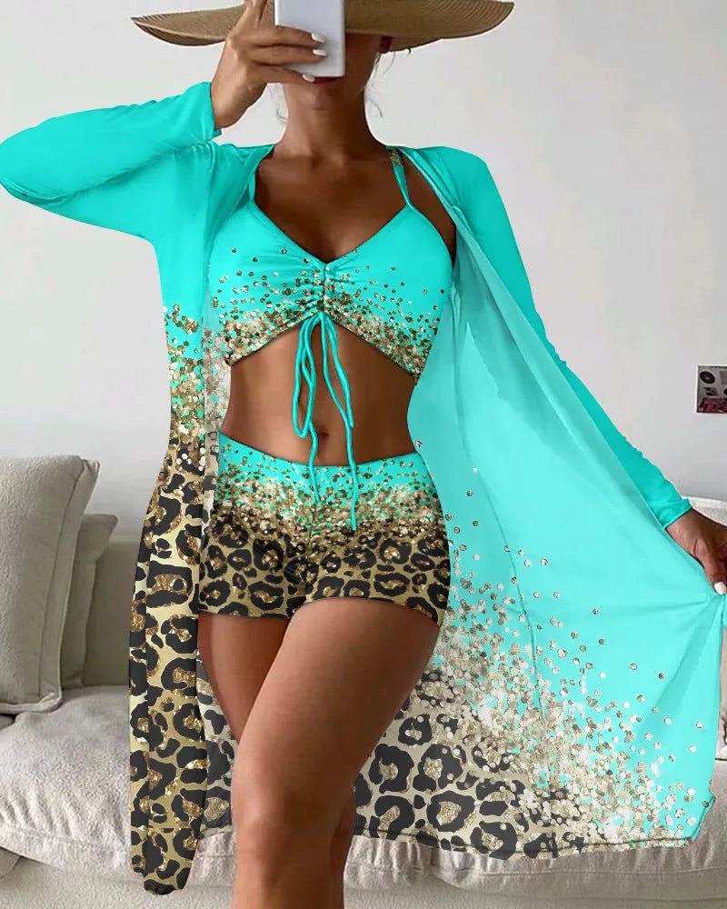 Women's lake blue swimsuit set with sleeveless sling top and high waist shorts