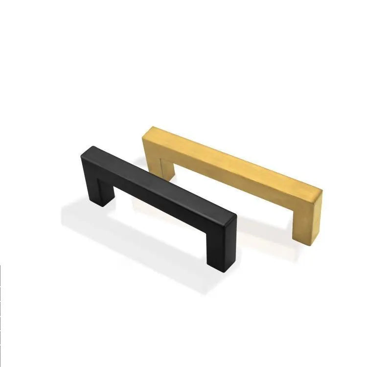 Stainless steel square pipe cabinet door handle in brushed silver finish, shown alongside matte black and brushed gold options.