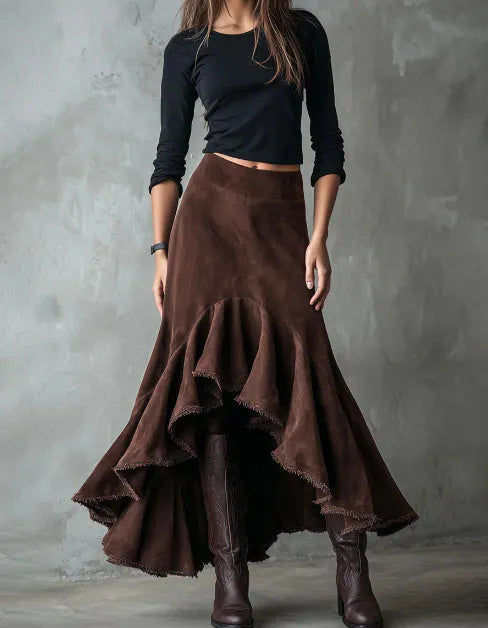 Western brown high-low maxi skirt with ruffle accents in eco suede-look polyester fabric