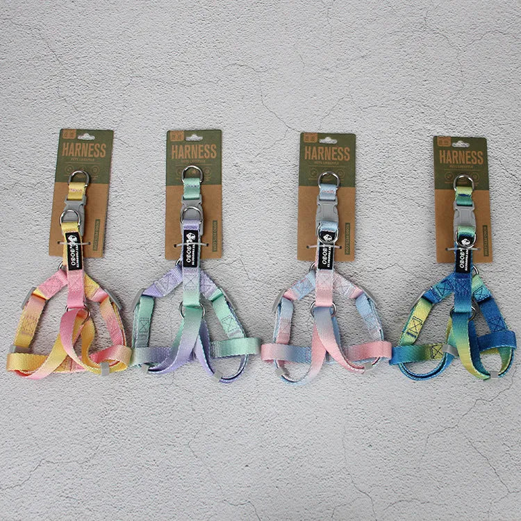 Multicolour gradient dog leash set with nylon collar, harness, and lead in pink blue yellow purple green combinations