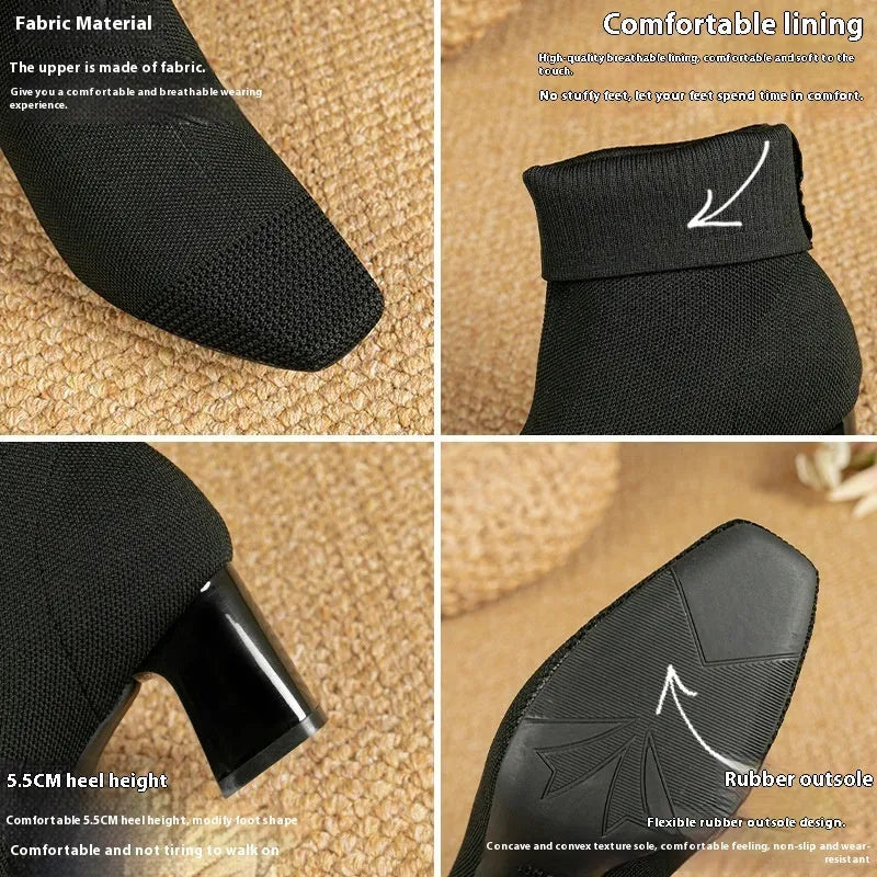 Women's knitted sock boots with chunky high heel, square toe, mid-calf length, rubber sole, available in multiple colours