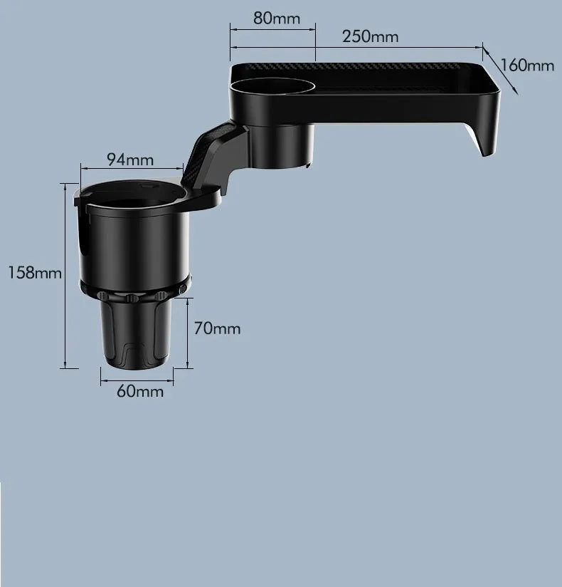 Black ABS plastic car-mounted rotating dinner tray holder showing 360-degree rotation function