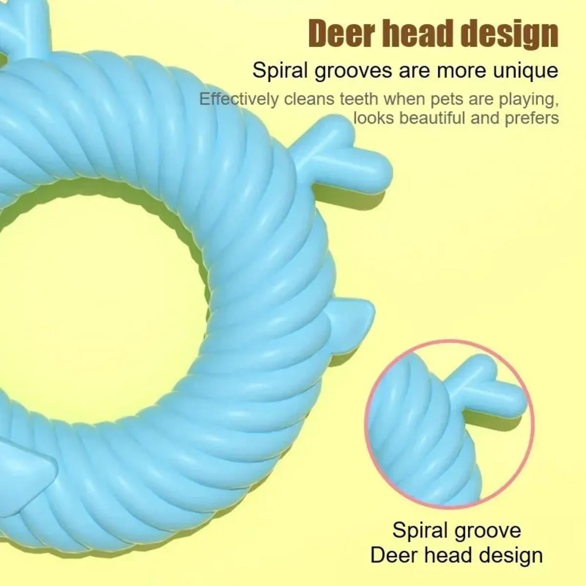 Deer-shaped blue dog chew toy with spiral grooves for teeth cleaning, shown next to a measuring tape indicating its 13cm size.