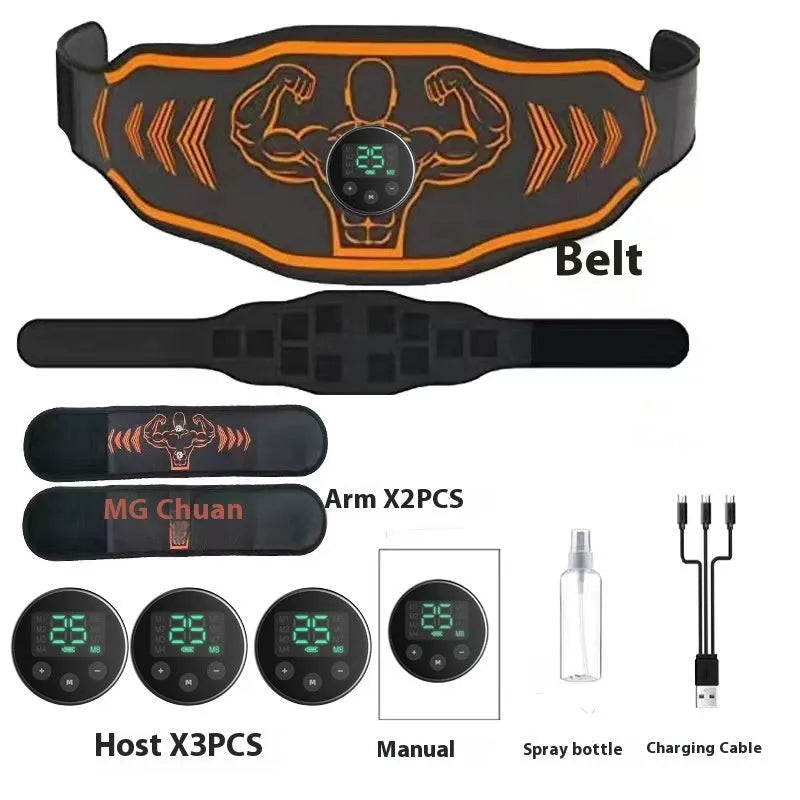 Orange and blue rechargeable EMS smart massage belt with arm and leg pads