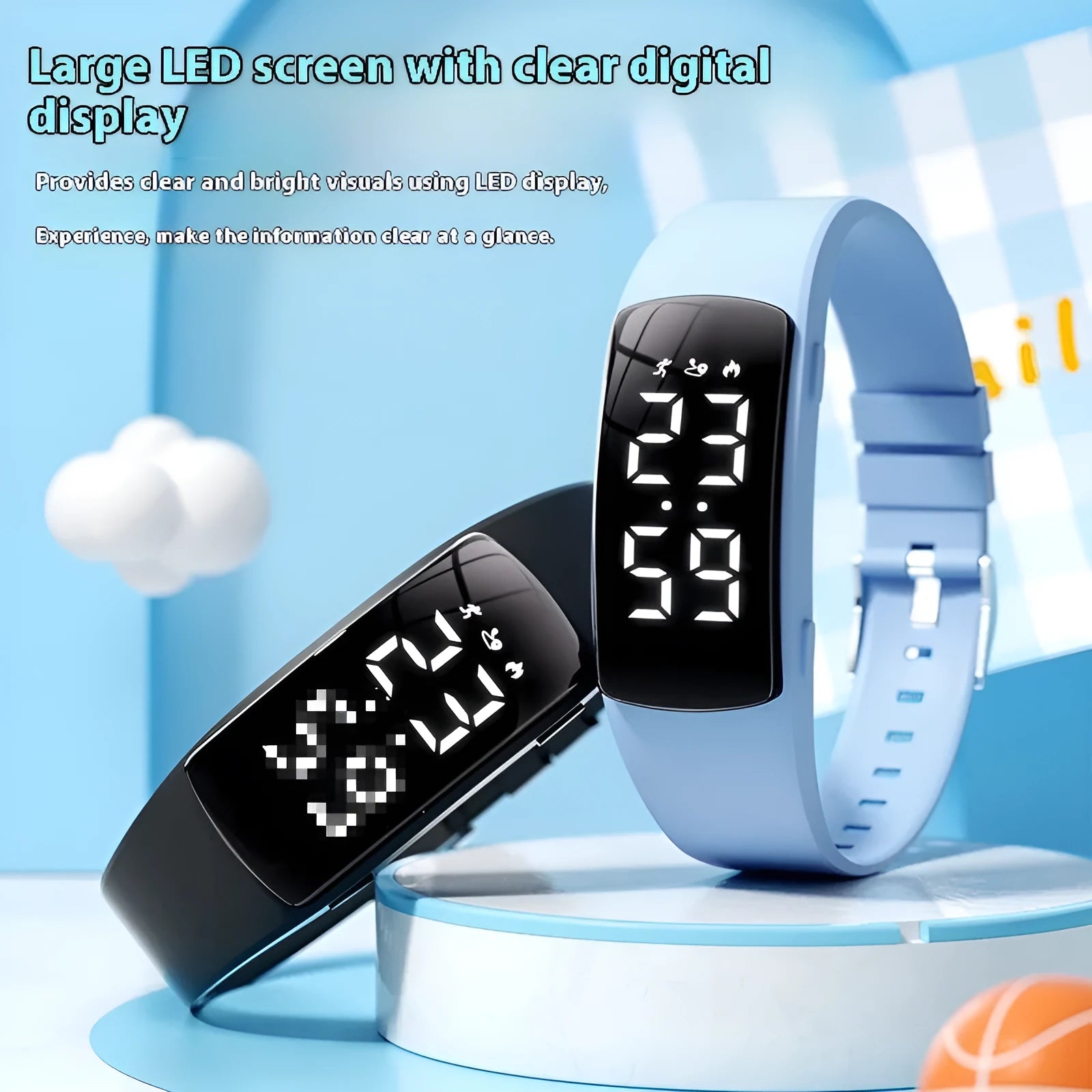 Vibration alarm clock watch with LED display and coloured silicone strap on a wrist.