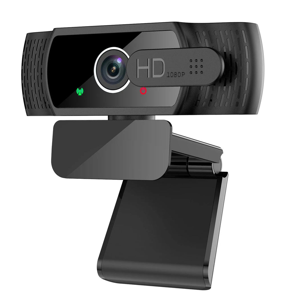 Black USB webcam with microphone and universal clip for laptop or monitor mounting