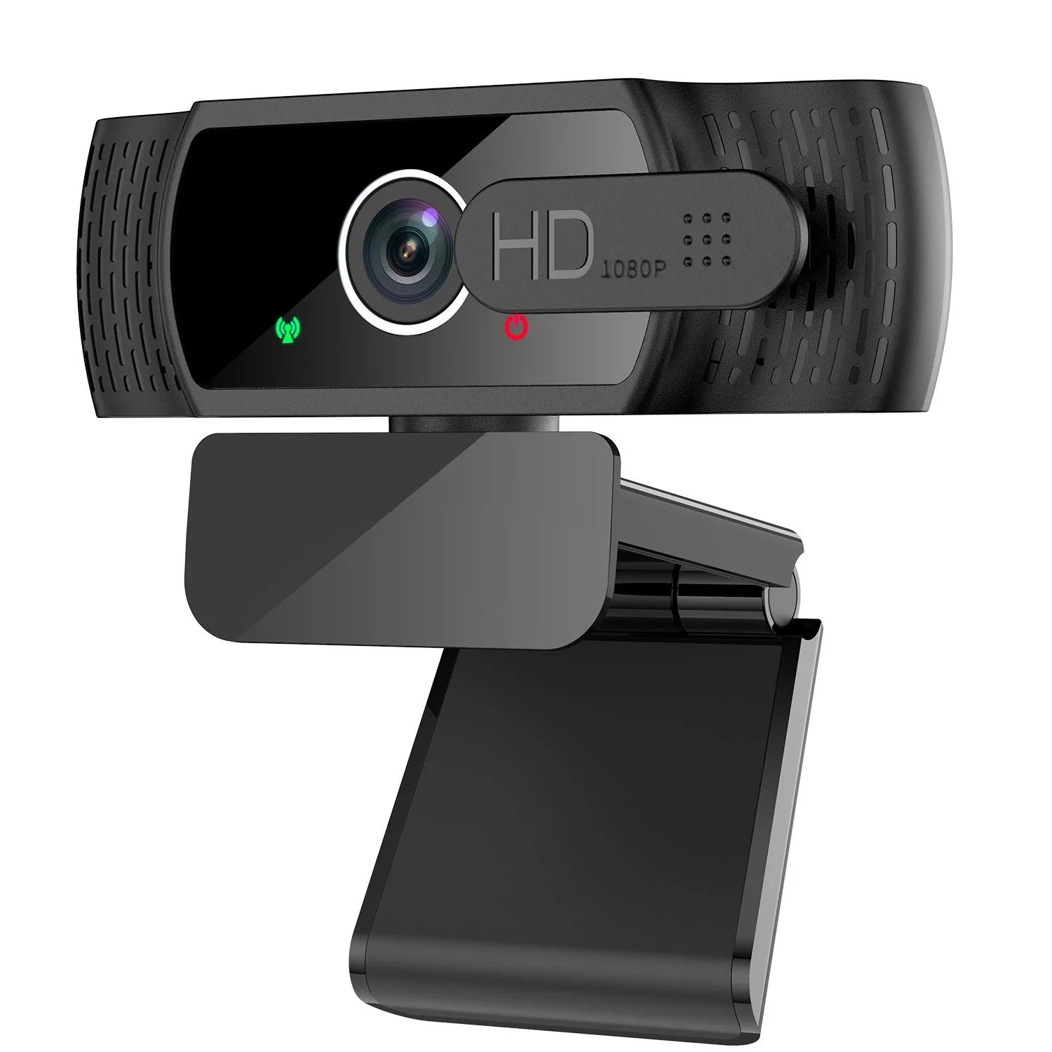 Black USB webcam with microphone and universal clip for laptop or monitor mounting