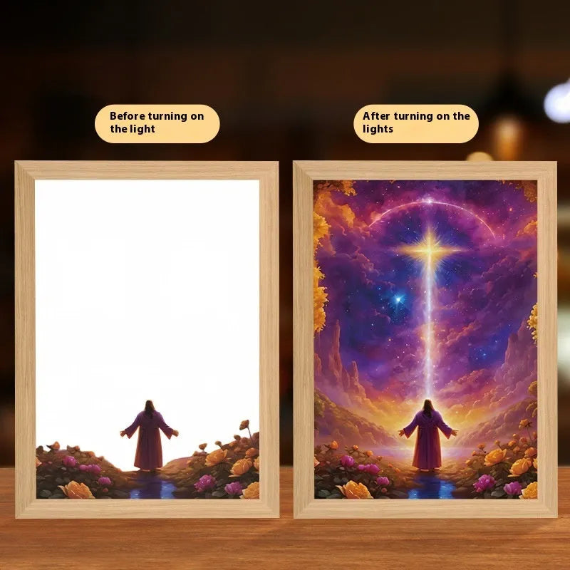 Jesus LED light painting with acrylic panel and wooden frame, three-colour backlight, home decoration