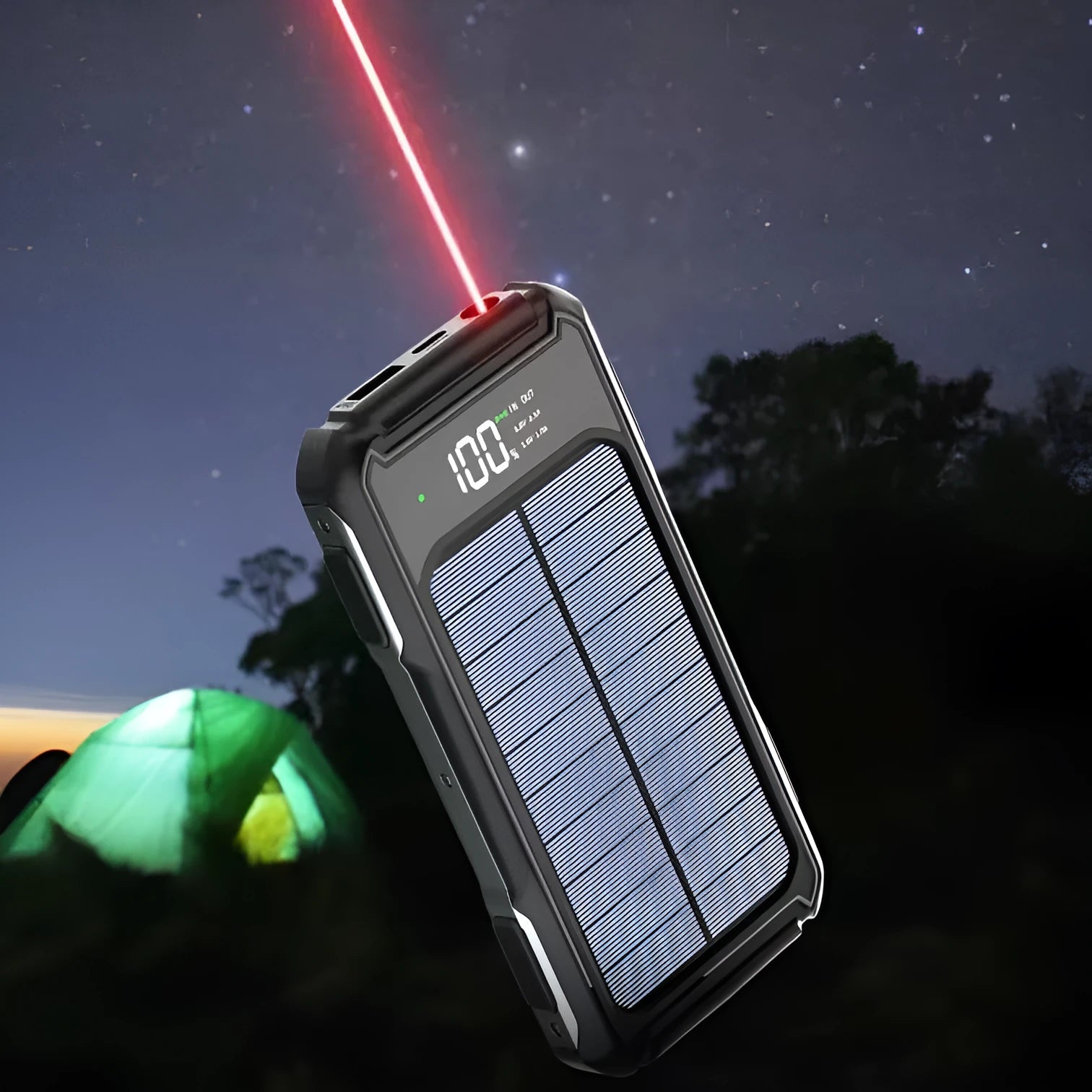 Black, green, and orange military grade mobile power bank showing front view with capacity options.