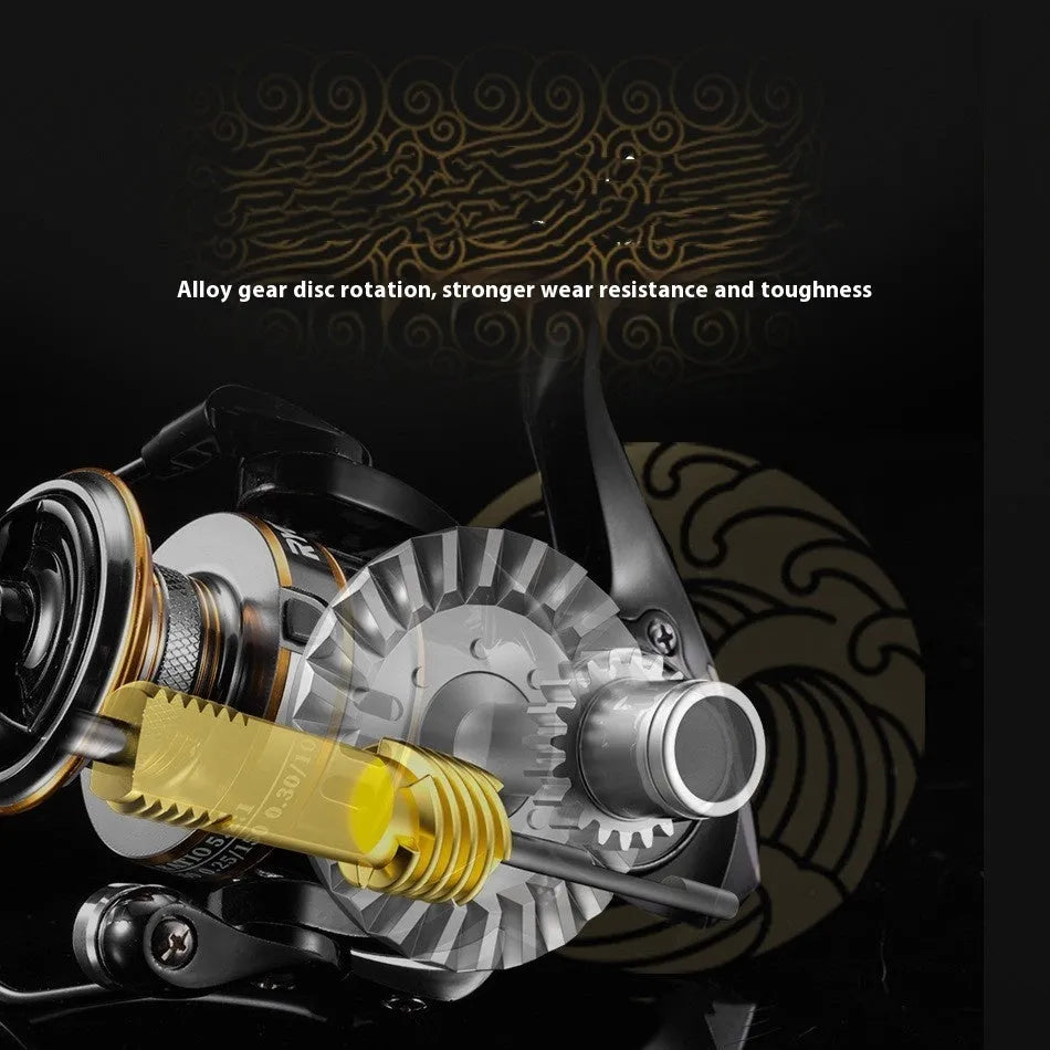 All-metal spinning fishing reel with EVA grip handle on a grey background