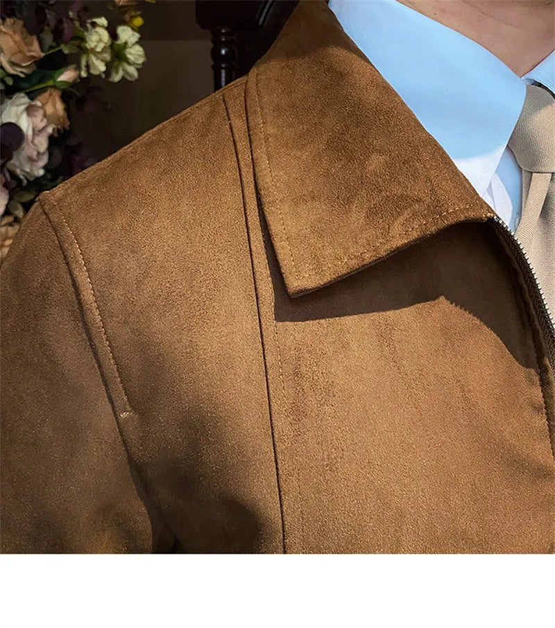 Men's suede bomber jacket, zip front, 100% polyester, dark brown dark green light khaki grey, sizes M-3XL