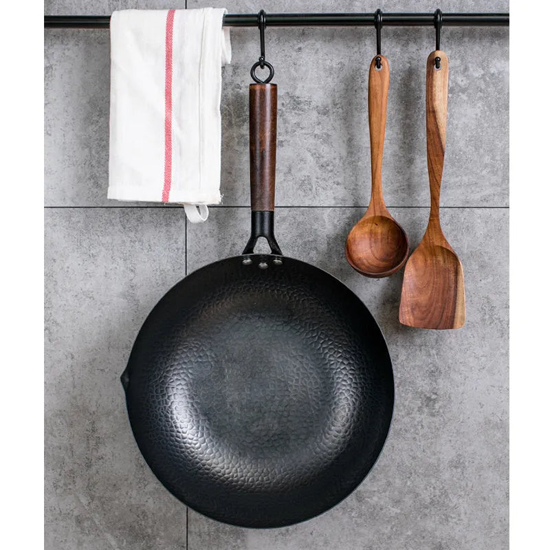 Traditional black iron wok with wooden handle, 40cm diameter with induction-compatible base