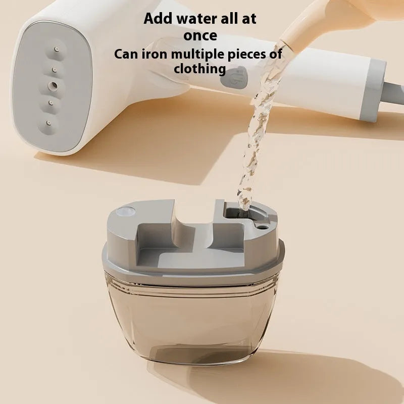 Blue and white handheld garment steamer with water tank and power cord.