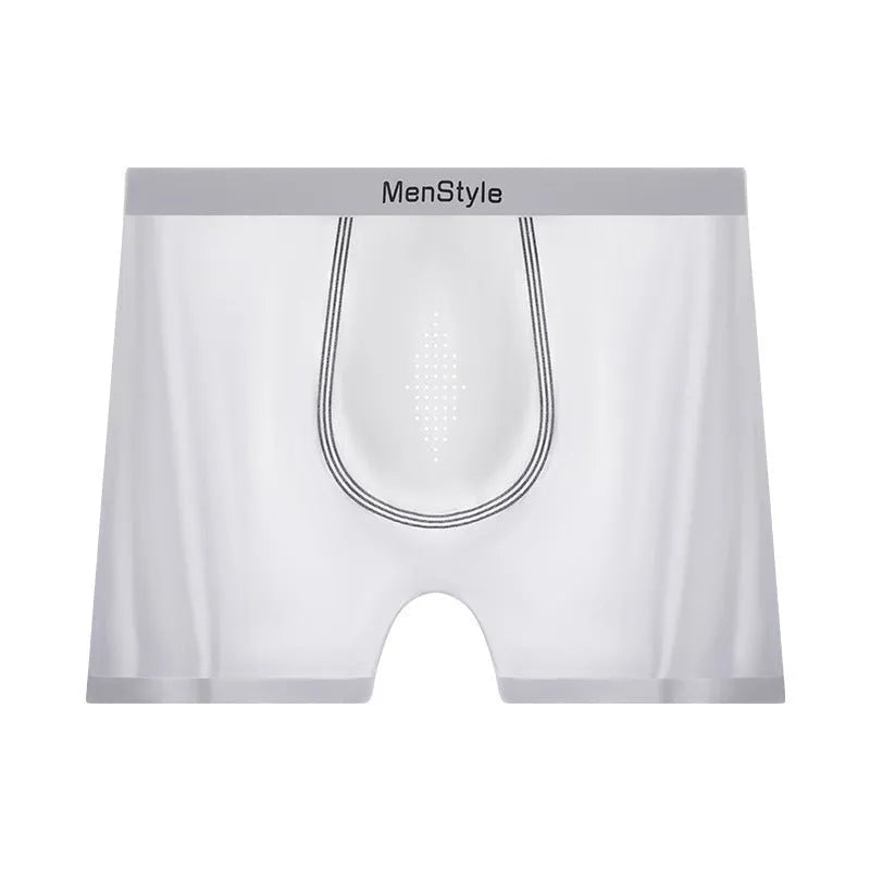 Men's seamless satin ice silk boxers in dark grey showing mid waist and reinforced crotch design.