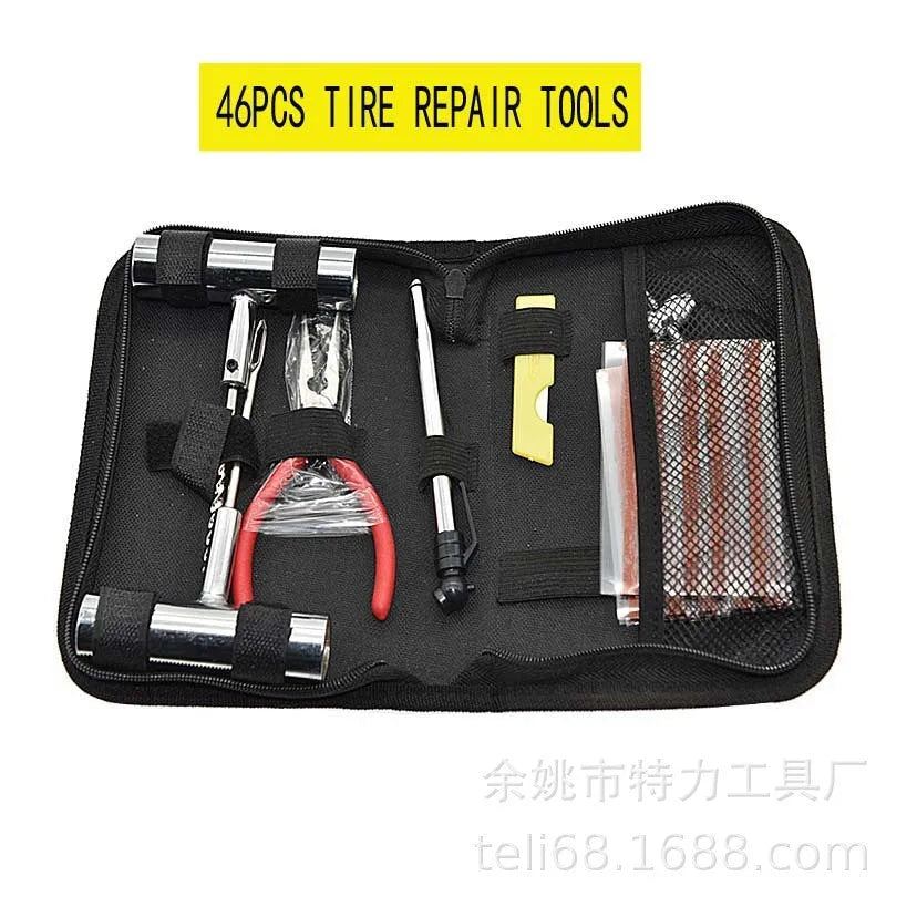 Tyre repair kit first aid set with 45 steel tools in cloth storage bag