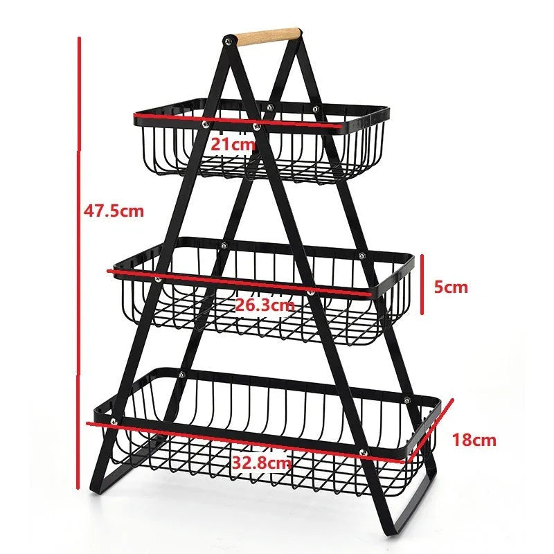 Black detachable double-layer iron fruit basket with wooden handle showing separated and stacked configurations