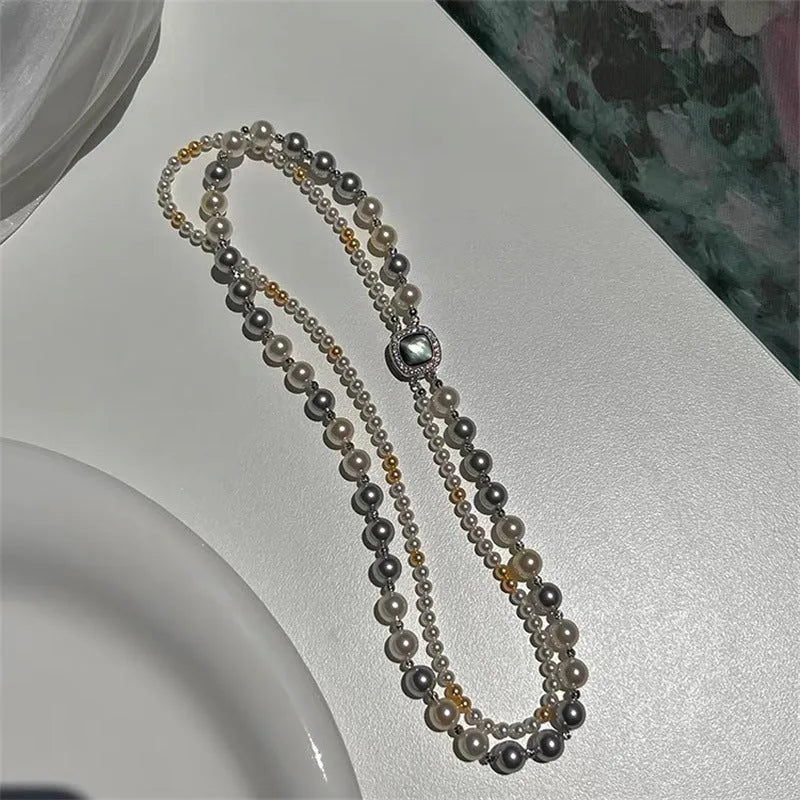 Double-layer pearl necklace with micro-inlaid square pendant and electroplated finish for women 43cm