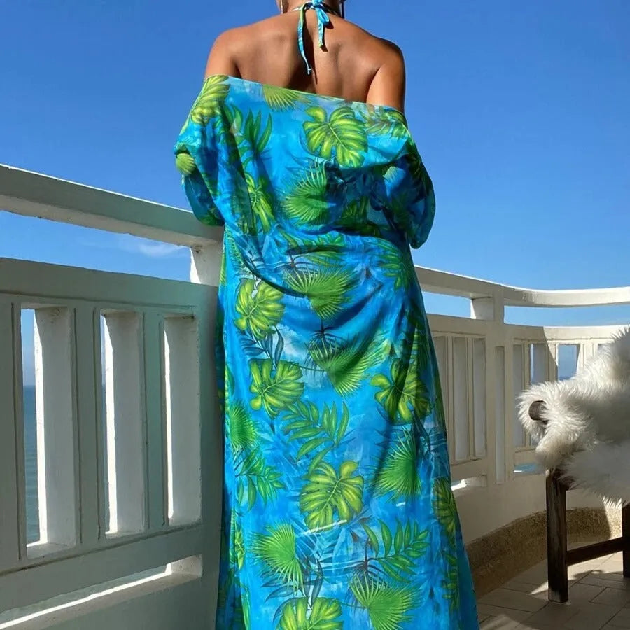 Women's long sleeve floral swimsuit bikini set with matching robe.