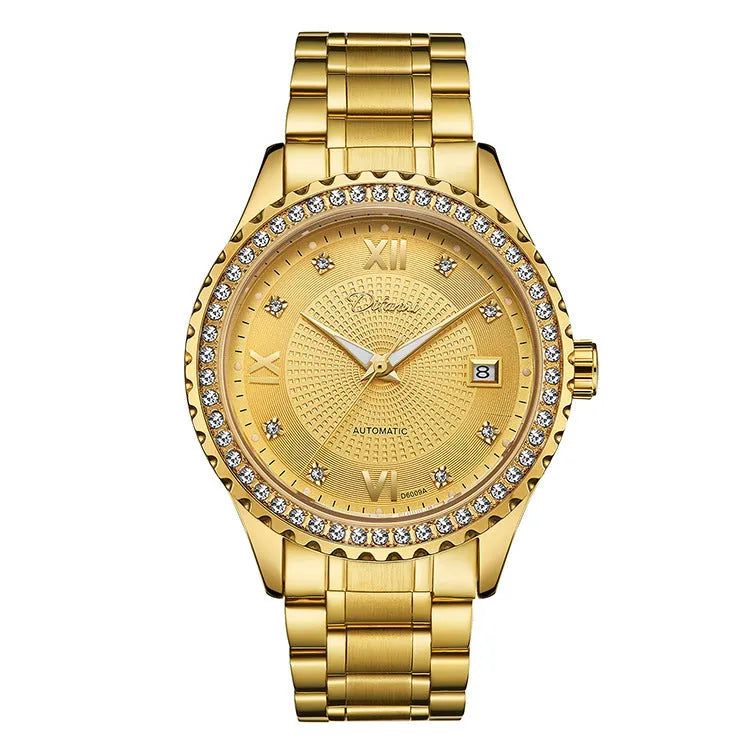 Men's automatic mechanical watch with luminous hands and a waterproof case in silver or gold finishes.