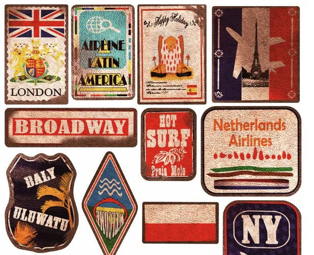 Set of 36 retro beach themed PVC stickers with matte finish, showing surfing and travel designs.