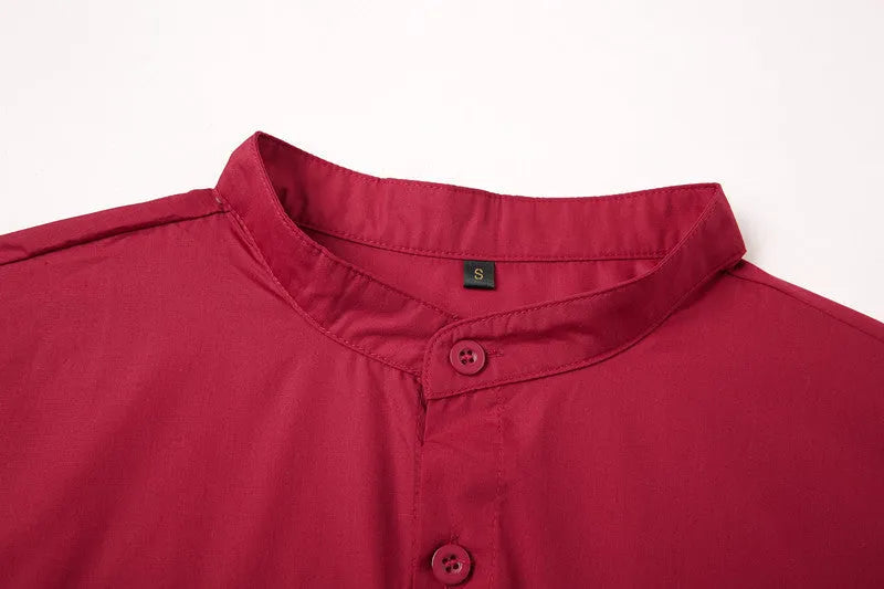 Teenage men's red stand-up collar casual shirt with traditional Chinese style mandarin collar