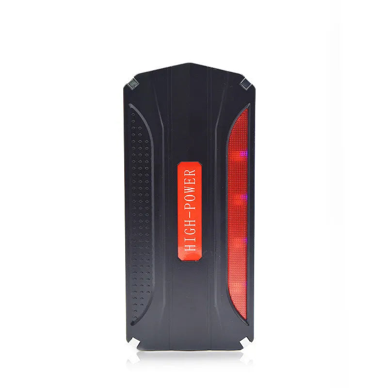Black and red emergency vehicle jump starter power supply unit showing compact dimensions