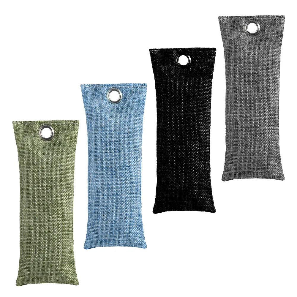 Black, green, grey and blue activated charcoal shoe deodoriser bags measuring 16.5cm.