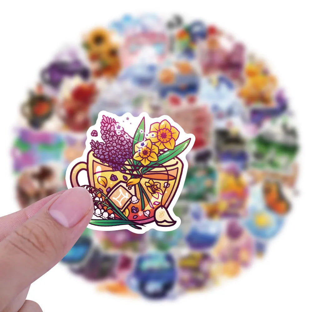 Colourful tea cup graffiti design waterproof stickers, 50-piece pack for DIY personalisation.
