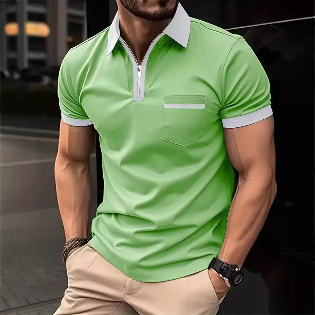 Men's loose fit short sleeve shirt with chest pocket in polyester blend fabric