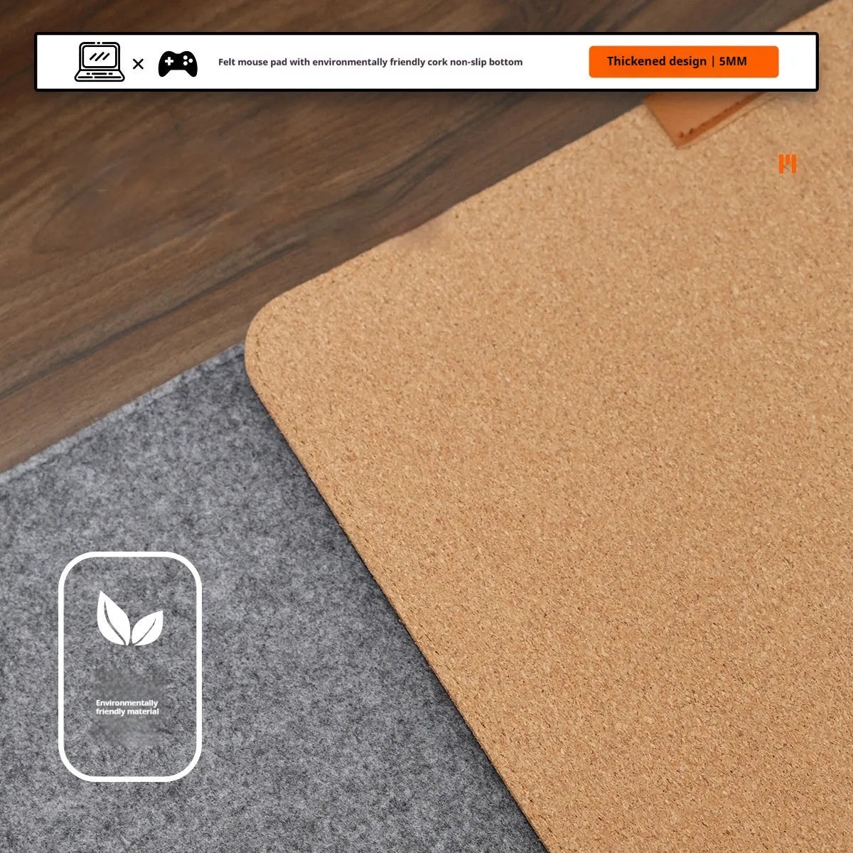 Winter office desk mat in grey felt cork material showing non-slip texture and oversized format